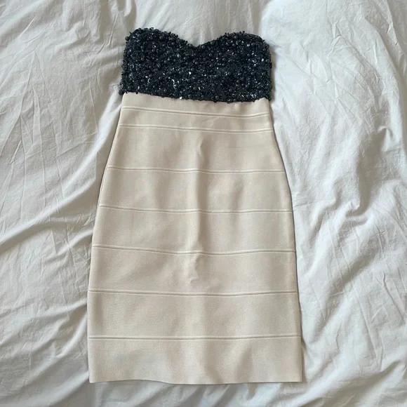 herve leger beaded dress Herve Leger Black Gold Beaded Bandage Midi Dress